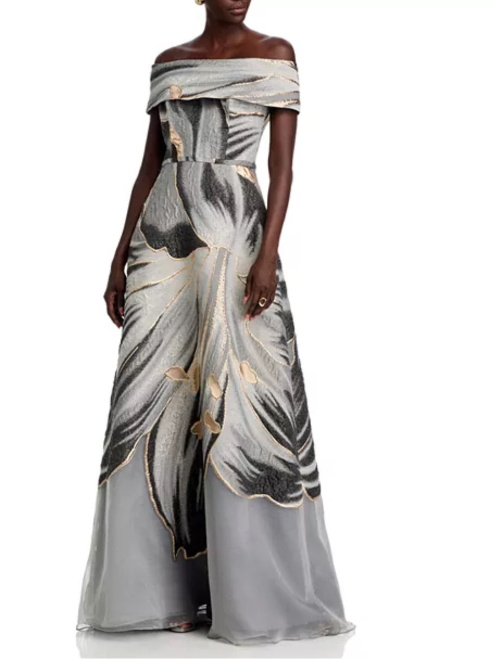 TERI JON Off The Shoulder Abstract Print Gown